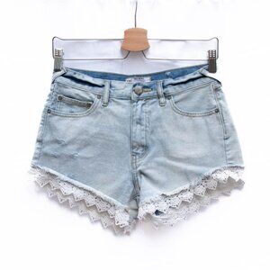Free People Shorts Womens 25 Blue Lace Hem Boho Festival Light Wash Ripped Denim